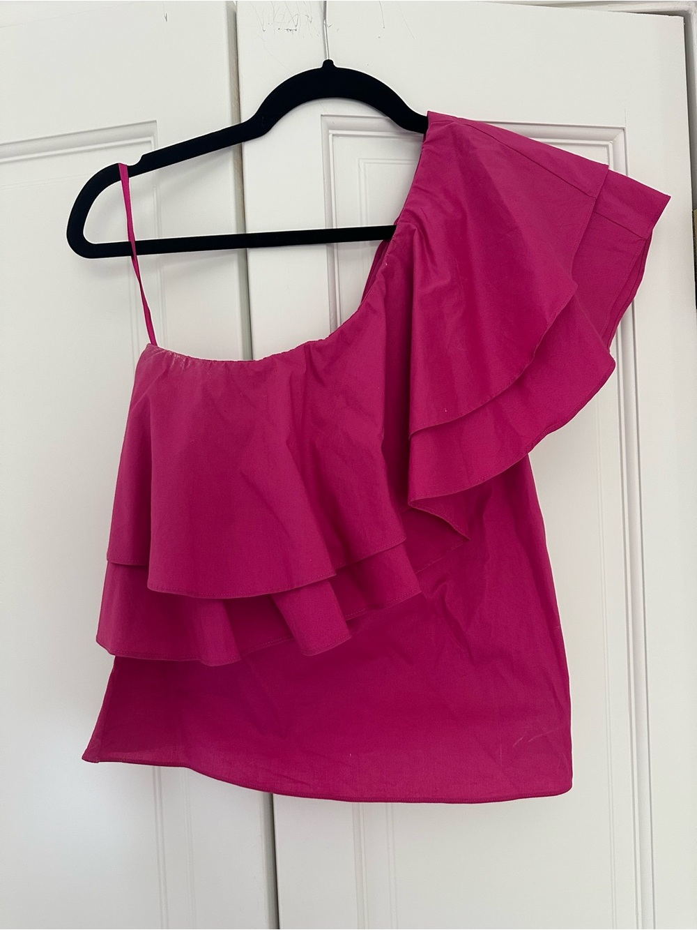 Waverly Grey One-Shoulder Ruffle Top in Bright Pink